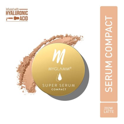 MyGlamm Super Serum Compact - 202W Latte | Skin-Perfecting Hydrating Compact Powder With Hyaluronic Acid & Vitamin E for Skin Protection (9g)