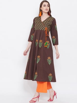 Women Brown Floral Block Print Anarkali Kurta