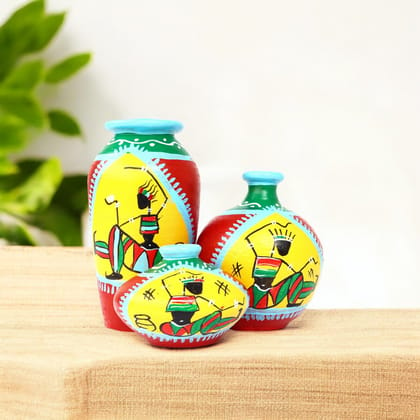 Handcrafted Red and Yellow Terracotta Pots for Home Decor - Set of 3 - Warli Hand Painting