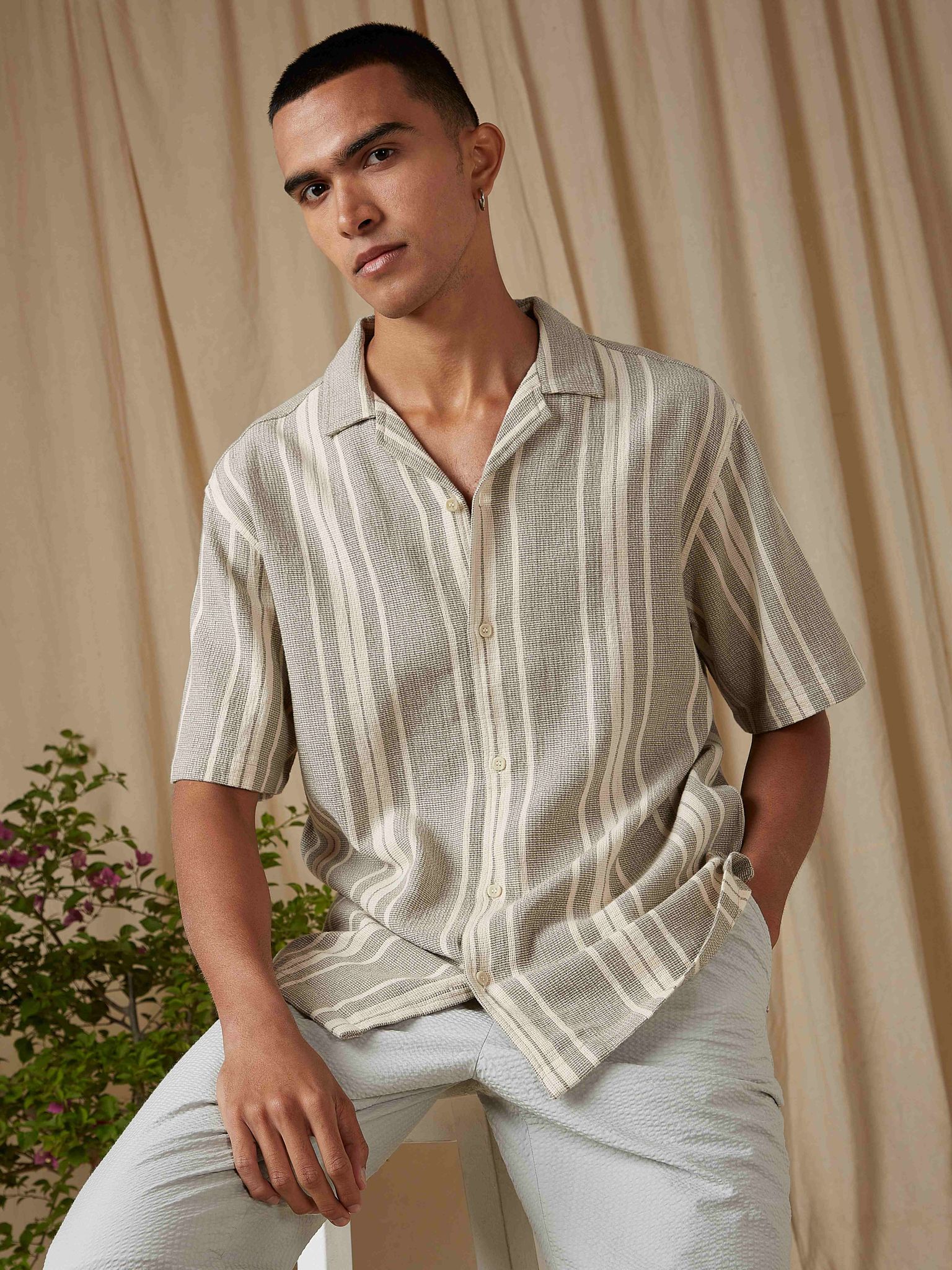 Light Olive Stripe Loose Fit Casual Shirt