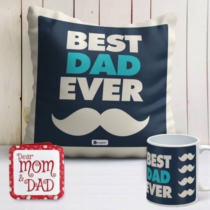 Indigifts Gift For Father Best Dad Ever Printed Blue Cushion Cover 12"x12" with Filler & Coffee Mug - Papa Gift For Birthday, Anniversary Gift For Dad, Gift For Daddy, Birthday Gift For Dad