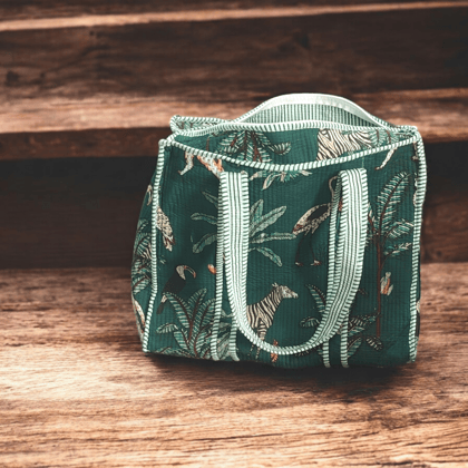 Quilted Tote Bag with zip- jungle panther green