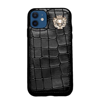 Black Deep Cut Croco Textured Leather Mobile Cover by Brune & Bareskin-13Mini