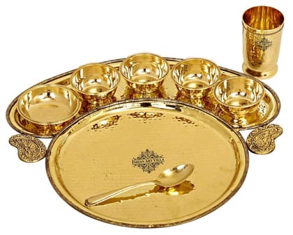 Indian Art Villa Brass Hammered Maharaja Style Dinner Set of 8 Pieces With Beaded Design, Dinnerware,  Tableware