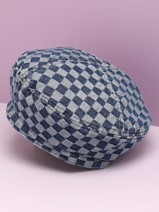 Blue Denim Check Textured Beret Hat-Hat