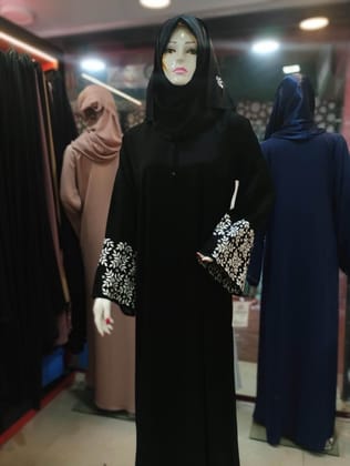 "Korean Nida Abaya with Embroidered Sleeve Detailing."