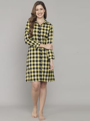 Yellow And Black Check Print Knee Length Cotton Sleep Shirt-M / Yellow