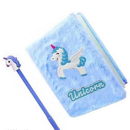 Soft Fur Diary With Unicorn Blue Pencil In Combo Pack For Kids | Fancy Design Unicorn Notebook Diary Return and Birthday Gift For Kids Boys & Girls