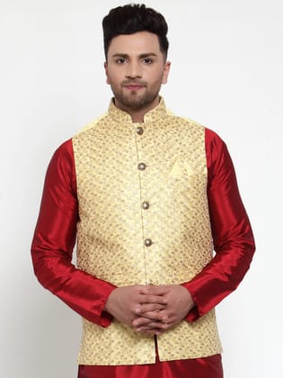 Jompers Men's Yellow Embroidered Nehru Jacket-S / Yellow