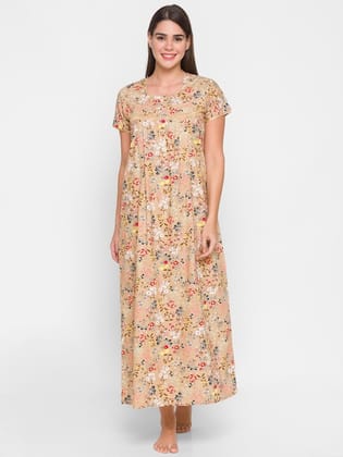 Beige Printed Maxi Nightdress