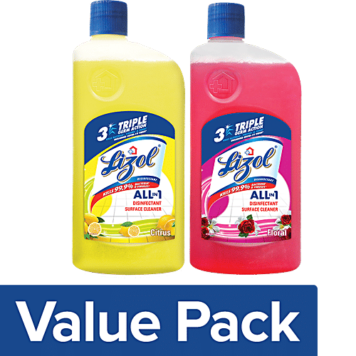 Lizol Disinfectant Surface & Floor Cleaner Liquid Citrus + Floral, each 1L, Combo 2 Items