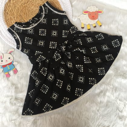 Baby Frock - Black Square Bandhani-0 - 6 months