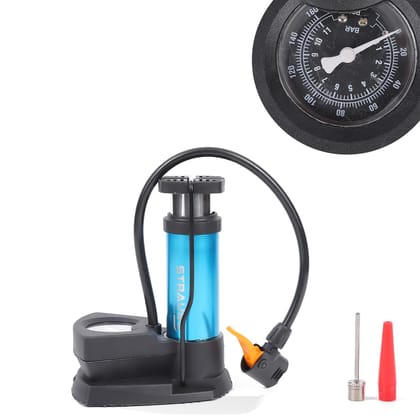 Strauss Portable High Pressure Foot Air Pump for Car/Bike/Bicycle/Football/Scooter, Fits Presta & Schrader, Blue, with Needle & Pressure Gauge.-Strauss Portable High Pressure Foot Air Pump with N