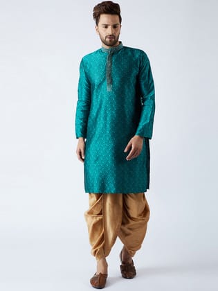 Men's Teal Green & Gold Silk Blend Kurta & Dhoti Set-38