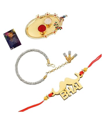 Paola  Elegant  Bhaiya Rakhi  BHAI Designe With  Silver Bracelet Kada  BhabhiRakhi Combo  With Roli Chawal And  Greeting Card  1 Kankawati Pooja Thali - None