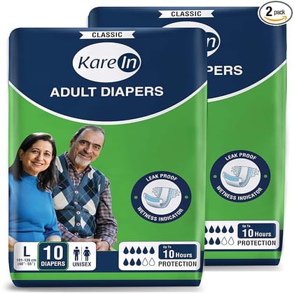 KareIn Classic Adult Diapers, Large, Waist Size 101-139 Cm (40"-55"), 20 Count, Tape Style, Unisex, High Absorbency, Leak Proof, Wetness Indicator