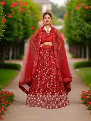 Semi-Stitched Lehenga with Sequin & Embroidery Work by Shreekama-Maroon / Free Size