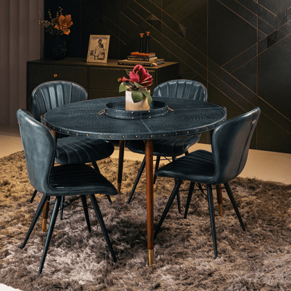 Round Leather Dining Table Set - 4 Seater-Blue