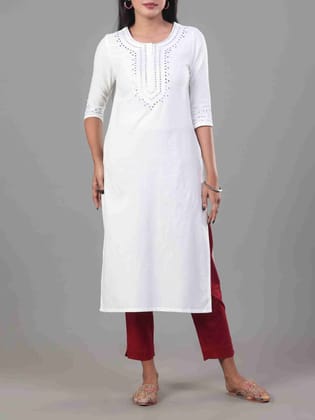 White cotton jacquard kurti with embroidery