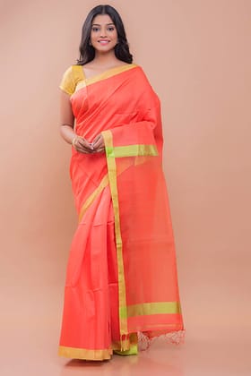 TICH Elegant Resham Matka  Bengal  Silk Saree - Peach & Lime