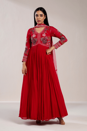 RED PLEATED GEORGETTE ANARKALI-XS