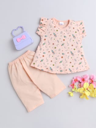 Printed Girl Frock with Matching Color Capri Combo | Peach | 3-6 Month to 2-3 Year-3-6 M / Peach / Cotton