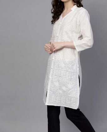 Women Cotton Straight Button White Kurti for Summer and Festival Wear - S