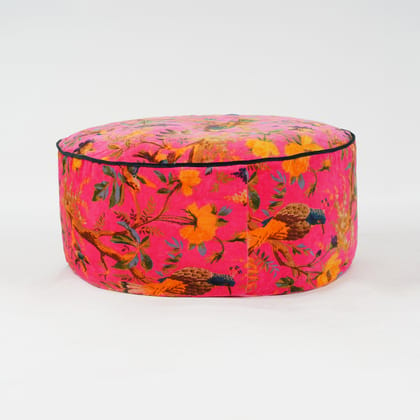 Birds of Paradise Velvet Round Ottoman / bean bag -Bright Pink-With Filler