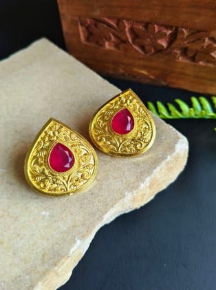 Gold Plated Leaf Design Earrings with Monalisa Stones | Sarichka-Red