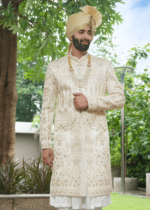 Off White Embroidered Sherwani-White