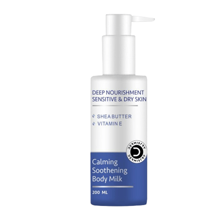 Dermistry Calming Soothing Body Milk Lotion Sensitive & Dry Skin Deep Nourishment Moisturizer Shea Butter, Vitamin E Non-Greasy, Repairs Smoothens Men Women 200 ml