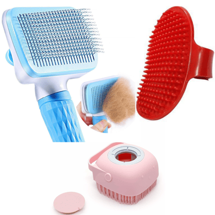 Chullbull Rectangle Slicker Bath and Rubber Hand Brush Grooming Kit for Dogs-Pack of 3