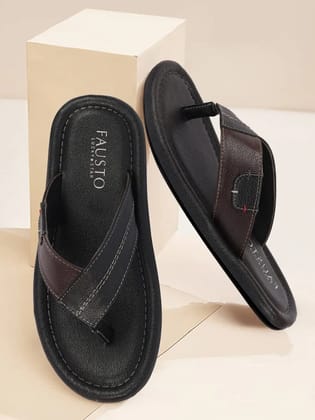 Men Black Stitched Design Indoor Outdoor Thong Slipper Sandals-6
