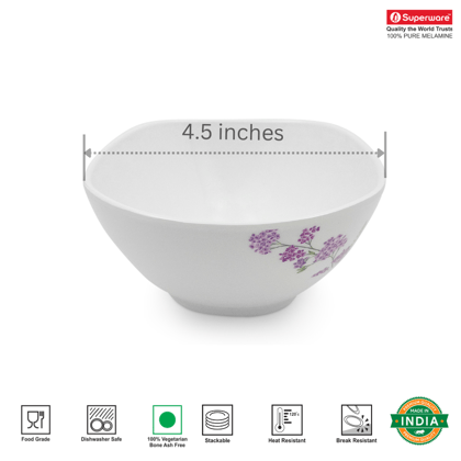 SUPERWARE, Pure Melamine | Soup Bowl Set - LILAC FLOWER (4.5 Inches) | 6 Nos.| Stain Free, Glazed Finish-4.5 inches | Soup Bowl