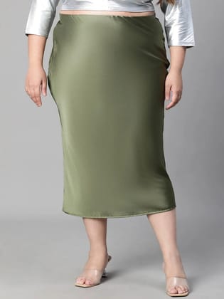 Raffle Green Elasticated Plus Size Women Long Satin Skirt-XL