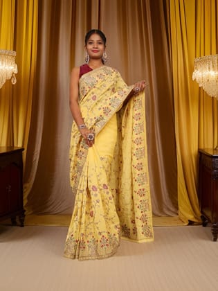 Designer Saree with Sequin & Embroidery Work by Shreekama-Lemon Yellow / Free Size