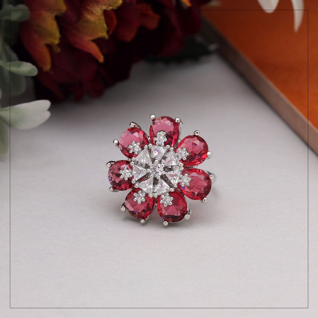 Ruby Color American Diamond Finger Ring-Ring_Size_Adjustable | / Ruby / Brass With Good Quality Silver Plated