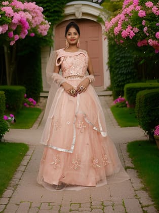 Mirror & Sequins Lehenga Choli Set-Peach / Free Size