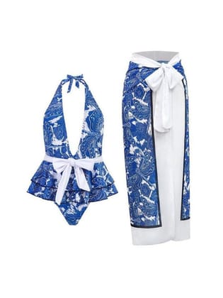 Halterneck Bikini Tied & Split Skirt Coord Set-M / Blue