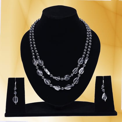 Imeora Metallic Black 8mm Hematite Double Line Necklace Set  With White Crystal