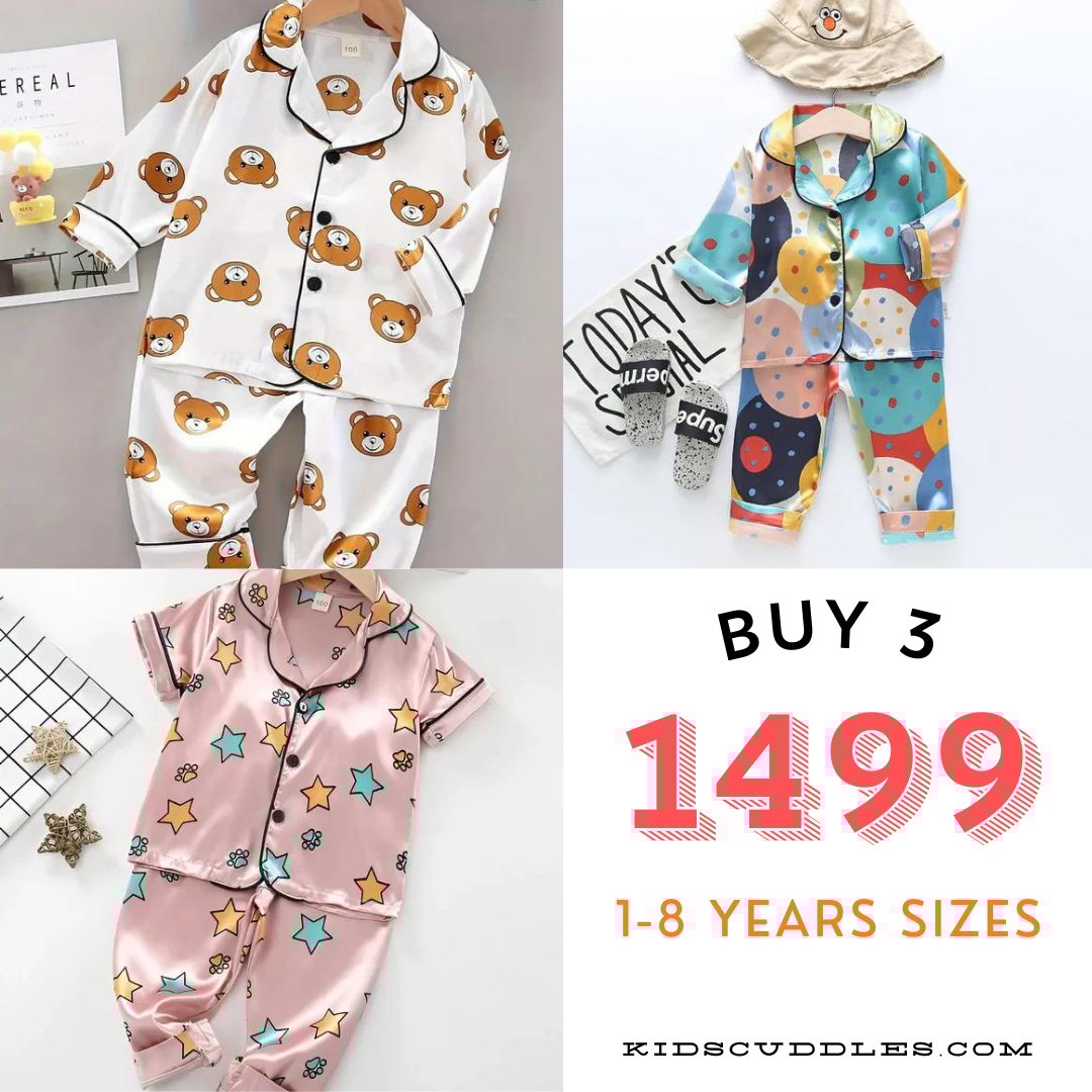 3 NIGHT SUITS COMBO FOR BOYS AND GIRLS (PRINTED DESIGNS)-1-2 YEARS