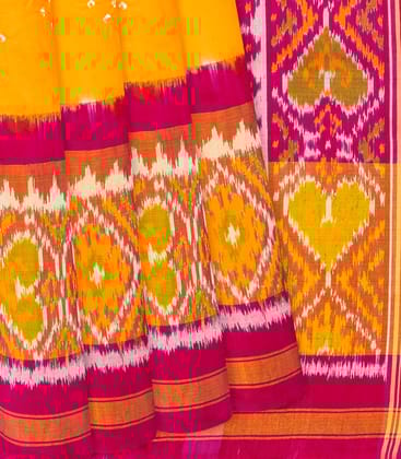 Yellow Handwoven Bandhani Silk Saree With Chevron Motifs-Yellow-Yellow