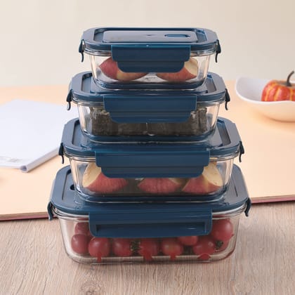 The Better Home UMAI Food Container Set: 4pcs (410ml, 680ml, 1040ml, 1520ml) Borosilicate Glass, Airtight, Microwave Safe, Rectangular.-The Better Home UMAI Food Container With Snap Airtight Lid 