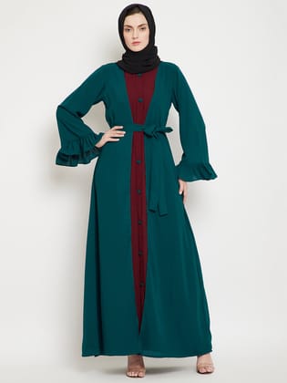 Nabia Women Green & Maroon Solid Two Color Combination Bell Sleeves Abaya With Georgette Scarf-XS / 54