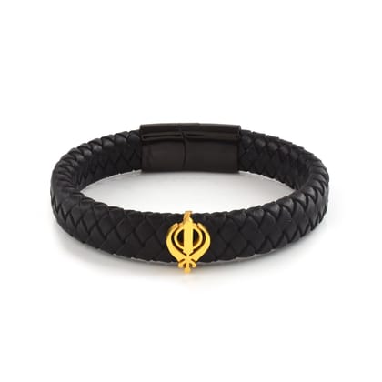 Unisex Strapped Khanda Leather Bracelet- Gold finish-19cm