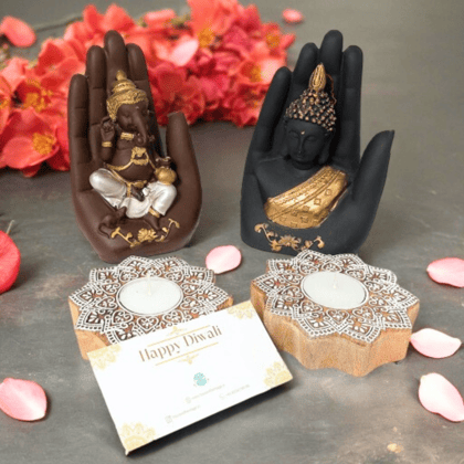 Palm Buddha, Palm Ganesh & Diya Gift