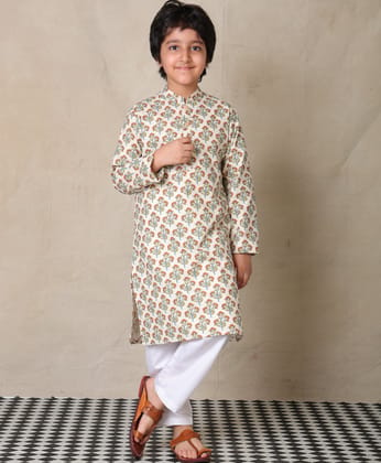 BEIGE BLOCK PRINT COTTON KURTA WITH WHITE COTTON PAJAMA - SET OF 2-2-3 YEARS / 2N / BEIGE/WHITE