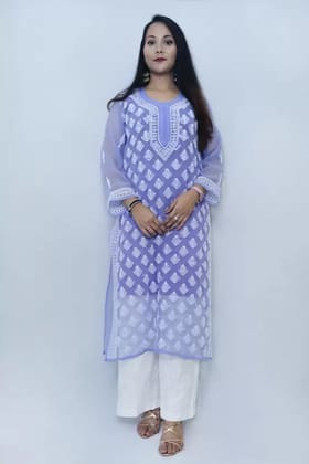 Chikan Hand Embroidered Sky Blue Georgette Lucknowi Chikan Kurta-Small