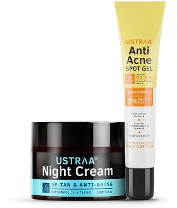 Ustraa Anti Acne Spot Gel - 15ml & Night Cream - De-Tan and Anti-aging - 50g