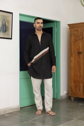 Omkara Black Linen  Pathani Set-XS/34